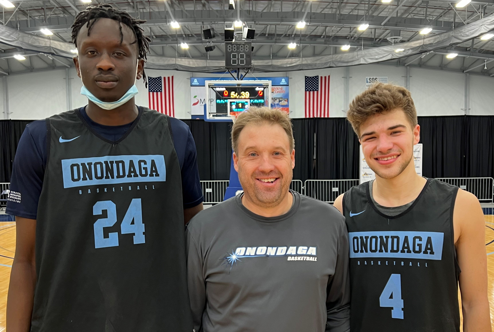 Joining the podcast from the Men's Basketball team are (left to right) Gop Arop, Head Coach Erik Saroney, and James Saroney.