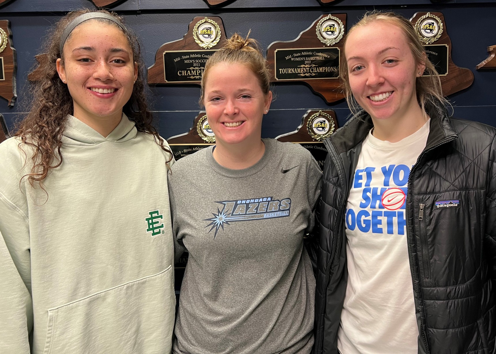 Joining the podcast from the Women's Basketball team are (left to right) Zhane Holmes, Head Coach Kelly Grinnell-Seibt, and Macey Deordio.