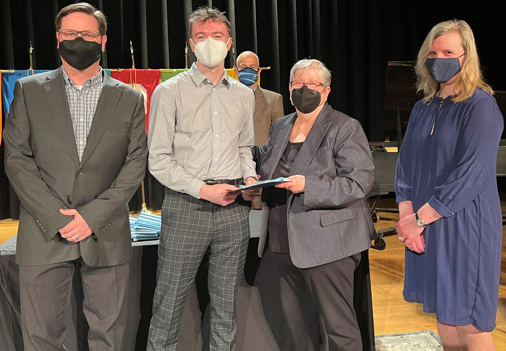 Broadcast Media Communications (left to right): Professor Mike Kaminski, student Joseph Scilingo, President Casey Crabill, and Provost Anastasia Urtz.