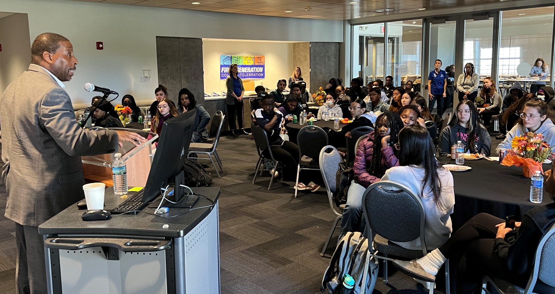 Sam Rowser '86 spoke with students during a First-Generation Celebration held in the Otis Suite.