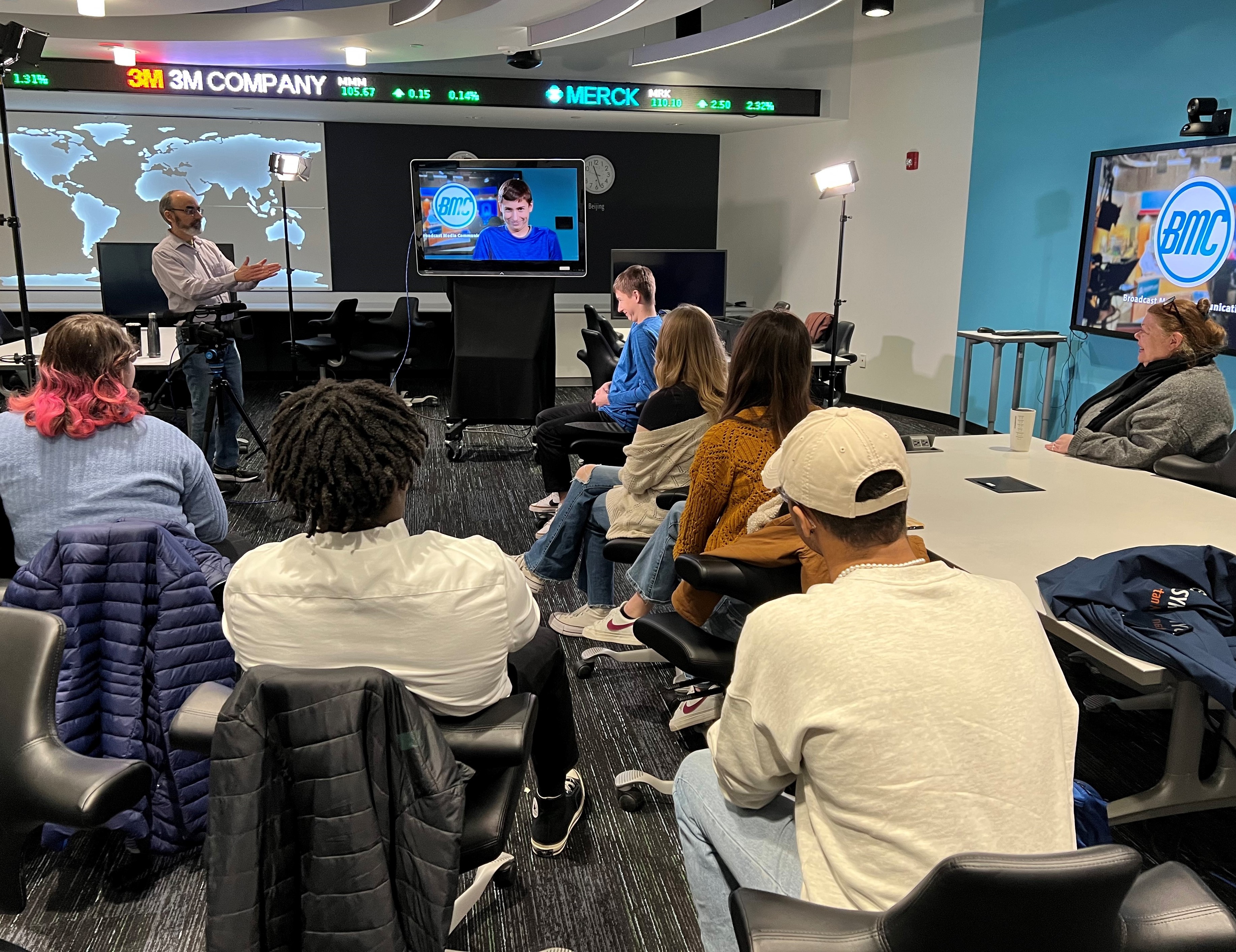 Professor Rich Jarrett (standing, left) and Professor Linda Herbert (seated, right) led students through a Field Production exercise.