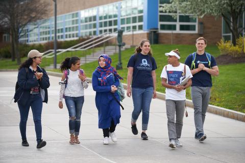 Students walking across campus